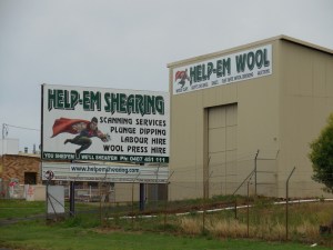 Fun signs from today - "Help-em Shearing - you shed'em, we shear'em"