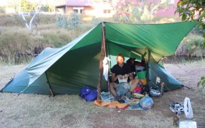 Tarp - before tent pole - note stick