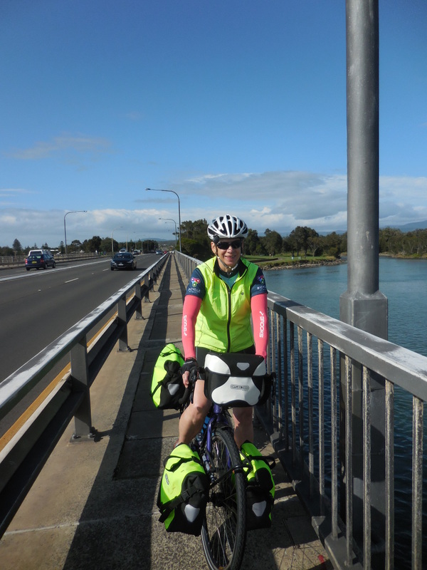 Nancy on the coast with her new bags