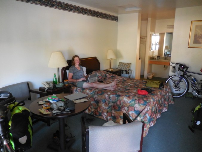 Nancy in our fancy hotel room