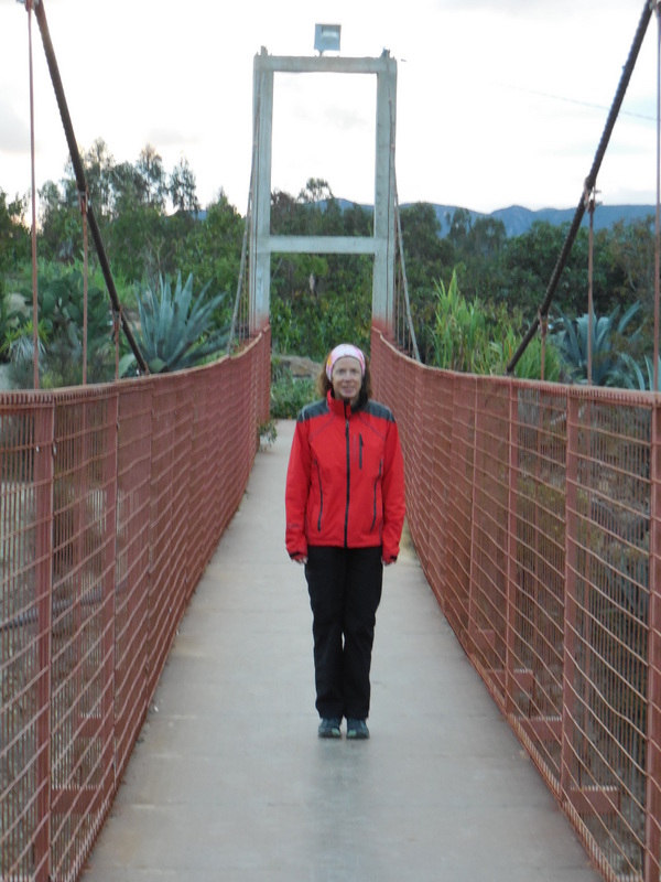Bridge over highway walking to dinner