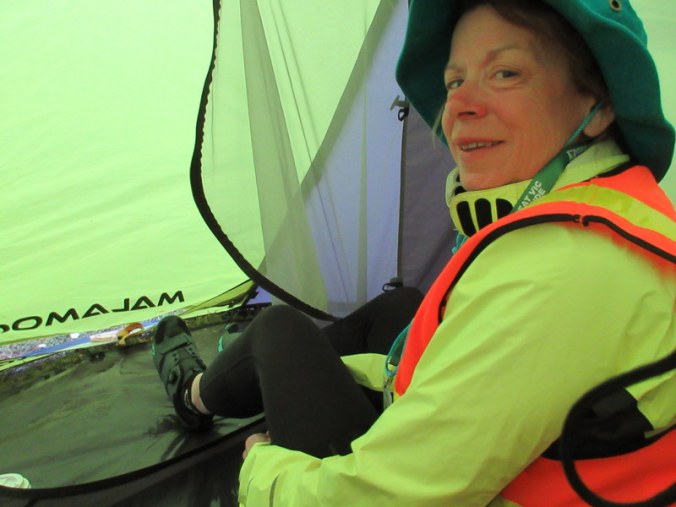 Nancy staying dry in the tent for brekkie - lucky
